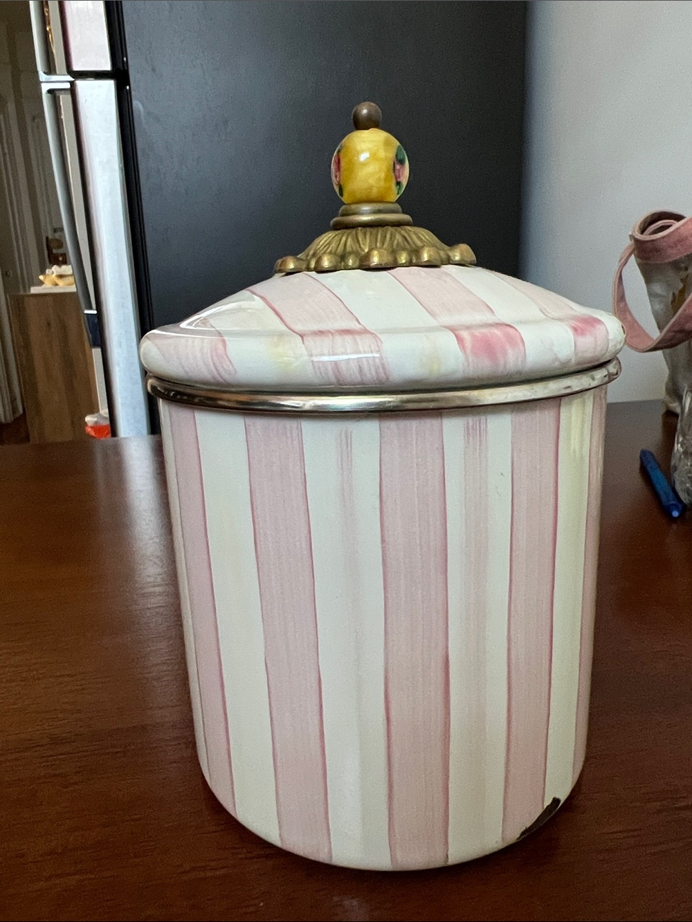 MacKenzie-Childs Pink and Cream Striped Canister with Floral Yellow Knob - Picture 9 of 9